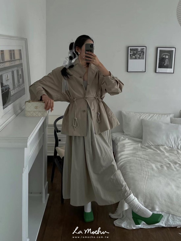 縮腰前綁帶披肩感風衣皮外套
